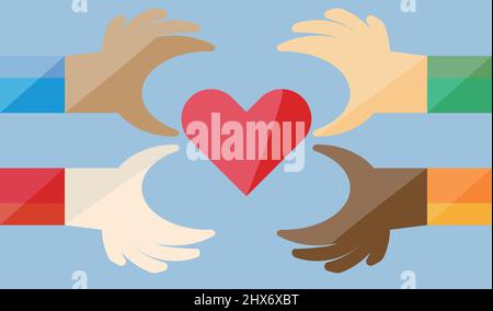 Amore per le persone di razze diverse. Rispetto della cultura, della razza e della diversità. Vettori modificabili. Illustrazione Vettoriale