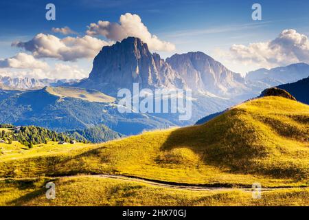 Ottima vista sul Sassolungo (Sassolungo) gruppo, valle Gardena. Parco Nazionale Dolomiti Alto Adige Südtirol. Località di Ortisei, Santa Cristina e Selva di Val Gardena Foto Stock