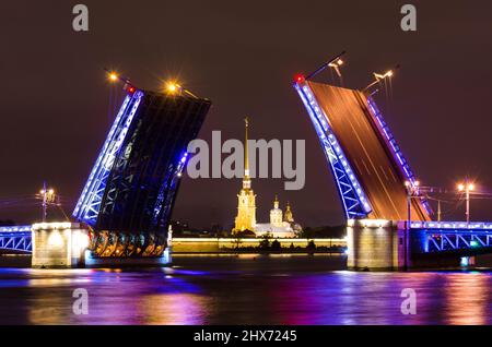 Il Ponte del Palazzo e la Fortezza di Pietro e Paolo di notte sul fiume Neva a San Pietroburgo Foto Stock