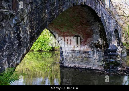 Dettagli della costruzione di mattoni e pietre sul Parapetto e l'Apex dell'Arco del Ponte Vecchio della ferrovia a Beam Weir con il Tarka Trail sopra di esso. Foto Stock