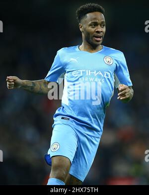 Manchester, Regno Unito. 09/03/2022, Raheem Sterling di Manchester City durante la partita di calcio Manchester City vs Sporting Lisbon, UEFA Champions League, Round of 16, LEG 2 of 2, Etihad Stadium, Manchester, UK. 9th marzo 2022. Credit: Michael Zemanek/Alamy Live News Foto Stock