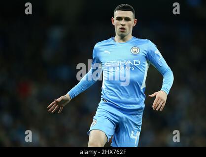 Manchester, Regno Unito. 09/03/2022, Phil Foden di Manchester City durante la partita di calcio Manchester City vs Sporting Lisbon, UEFA Champions League, Round of 16, LEG 2 of 2, Etihad Stadium, Manchester, UK. 9th marzo 2022. Credit: Michael Zemanek/Alamy Live News Foto Stock