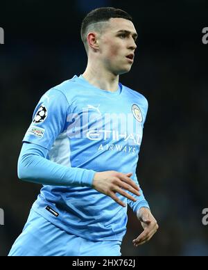 Manchester, Regno Unito. 09/03/2022, Phil Foden di Manchester City durante la partita di calcio Manchester City vs Sporting Lisbon, UEFA Champions League, Round of 16, LEG 2 of 2, Etihad Stadium, Manchester, UK. 9th marzo 2022. Credit: Michael Zemanek/Alamy Live News Foto Stock