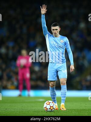Manchester, Regno Unito. 09/03/2022, Phil Foden di Manchester City durante la partita di calcio Manchester City vs Sporting Lisbon, UEFA Champions League, Round of 16, LEG 2 of 2, Etihad Stadium, Manchester, UK. 9th marzo 2022. Credit: Michael Zemanek/Alamy Live News Foto Stock