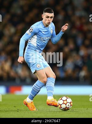 Manchester, Regno Unito. 09/03/2022, Phil Foden di Manchester City durante la partita di calcio Manchester City vs Sporting Lisbon, UEFA Champions League, Round of 16, LEG 2 of 2, Etihad Stadium, Manchester, UK. 9th marzo 2022. Credit: Michael Zemanek/Alamy Live News Foto Stock
