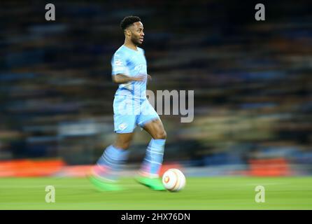 Manchester, Regno Unito. 09/03/2022, Raheem Sterling di Manchester City durante la partita di calcio Manchester City vs Sporting Lisbon, UEFA Champions League, Round of 16, LEG 2 of 2, Etihad Stadium, Manchester, UK. 9th marzo 2022. Credit: Michael Zemanek/Alamy Live News Foto Stock