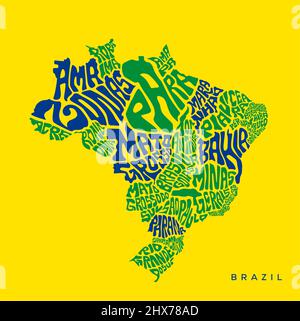 Tipografia mappa Brasile con nome di tutti gli stati. Cartografia brasiliana con colori nazionali. Illustrazione Vettoriale