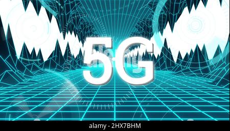 Immagine dell'elaborazione di 5g testi e dati su montagne digitali Foto Stock