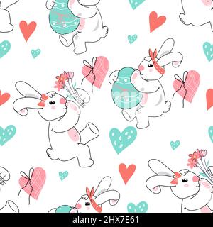 Pasqua senza cuciture con simpatico coniglio, uova e cuori rosa. Sfondo decorativo ripetibile per stampe di Pasqua, disegno vettoriale a mano di illustrazione Illustrazione Vettoriale
