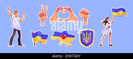 Libertà per l'Ucraina adesivi, simboli di opposizione. Attivisti uomo e donna in dimostrazione, bandiera nazionale, gesti delle mani cuore e vittoria, mappa con cuore e stemma delle braccia, set vettore Cartoon Illustrazione Vettoriale