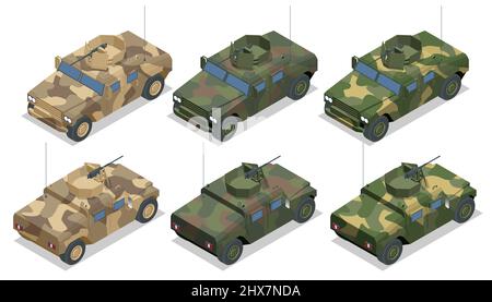 Auto fuori strada militare isometrica. Veicolo di fanteria corazzato. Autocarri pesanti, veicoli fuoristrada. Auto blindata isolata su sfondo bianco Illustrazione Vettoriale