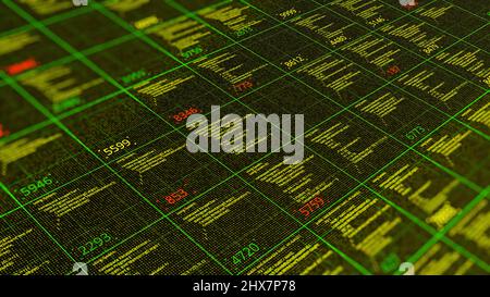 Rotazione ed elaborazione dei dati del mercato azionario su una rete. Animazione. Concetto di mercato azionario dell'economia globale, composizione digitale con informazioni aziendali Foto Stock