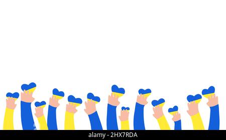 Mani dei bambini che tengono i cuori in blu e giallo, spazio copia. Amore Ucraina concetto. Posiziona testo puntato, sfondo vettoriale. Illustrazione Vettoriale