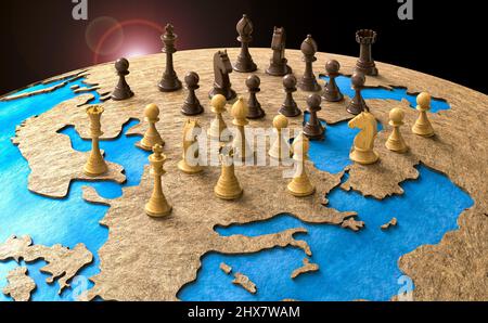 simbolo della geopolitica nel mondo con pezzi di scacchi. 3D illustrazione. Foto Stock