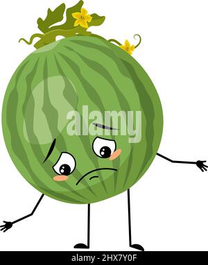 Carattere verde a righe di cocomero rotondo con emozioni tristi, viso depresso, occhi giù, braccia e gambe. Persona con espressione malinconia, emoticon di frutta. Illustrazione piatta vettoriale Illustrazione Vettoriale