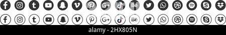 Icone grigie dei social media o logo dei social network impostati. Illustrazione Vettoriale