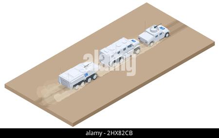 Colonna isometrica di equipaggiamento militare corre sulla strada. Veicolo militare militare pesante isolato camion militare su sfondo bianco Illustrazione Vettoriale