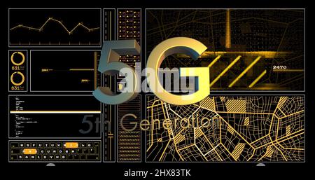 Immagine del testo 5g e dell'elaborazione dei dati su sfondo nero Foto Stock