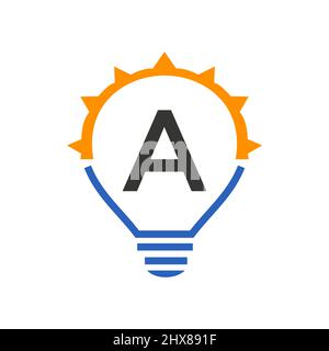 Lettera A logo elettrico, lettera A con modello vettoriale per lampadine. Energia Eco Power Elettricità, idea di pensiero, ispirazione, concetto di riciclaggio di energia Illustrazione Vettoriale
