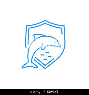 Dolphin Protected - icona moderna di stile linea blu. Immagine accurata e dettagliata di mammifero che vive in mare e uno scudo che garantisce la sua sicurezza e pr Illustrazione Vettoriale