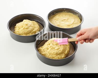 Dividendo il composto per una torta dipinta tra tre teglie metalliche e appiattendo con una spatola rosa, per fare una torta dipinta di rosa e mandorla. Foto Stock