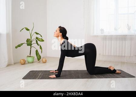 Donna in nero sportswear pratica yoga facendo esercizio Marjariasana, backbend gatto posa, esercizio in camera su tappeto Foto Stock