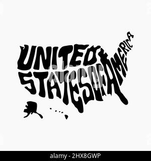 Mappa Stati Uniti d'America scritte in bianco e nero. Mappa tipografica USA. Illustrazione Vettoriale