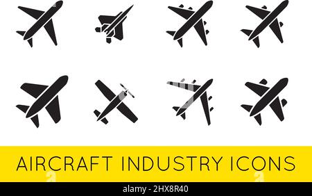 Icone dell'aereo o dell'aereo Collezione Set di silhouette vettoriali Illustrazione Vettoriale