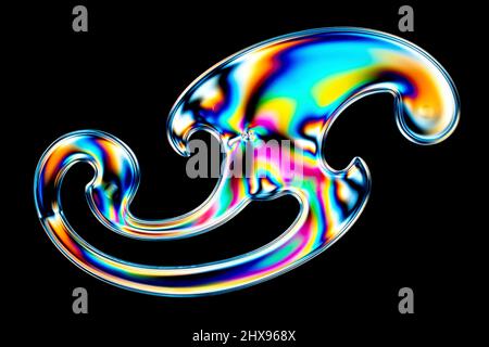 Immagine a polarizzazione incrociata di uno strumento di disegno in plastica trasparente chiamato curva francese, le sollecitazioni nel materiale appaiono come un arcobaleno di colori. Foto Stock
