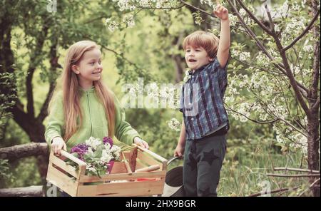 Infanzia e crescere. I bambini giocano nel giardino primaverile. Piccolo ragazzo carino alzò la mano e la ragazza lo guardò. Giovane generazione di abbracci di alberi e. Foto Stock