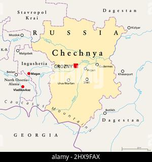 Cecenia, carta politica, con la capitale Grozny e confini. Repubblica cecena, una repubblica di Russia, e parte del distretto federale del Caucaso settentrionale. Foto Stock