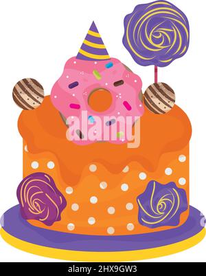 Torta di compleanno colorata isolata con ciambelle Vector Illustrazione Vettoriale