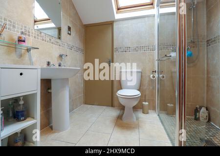 Bagno in una vecchia casa, con cabina doccia Foto Stock