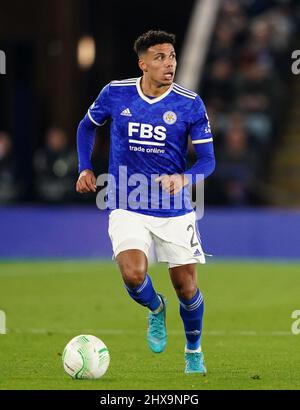 James Justin di Leicester City durante il round della UEFA Europa Conference League di sedici partite di prima tappa al King Power Stadium di Leicester. Data foto: Giovedì 10 marzo 2022. Foto Stock