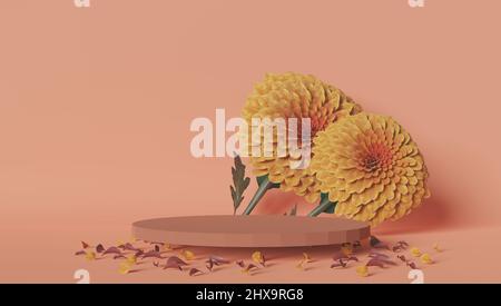 Fondo per prodotti cosmetici di colore pastello naturale. Podio in pietra e fiore secco su sfondo arancione. Vista frontale. 3d rendering. Foto Stock