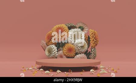 Fondo per prodotti cosmetici di colore pastello naturale. Podio in pietra e fiore secco su sfondo bianco. Vista frontale. 3d rendering. Foto Stock