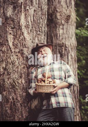 Funghi nella foresta, Nonno caccia funghi su sfondo foresta estate. Funghi. Uomo felice che tiene un fungo appena raccolto. Foto Stock