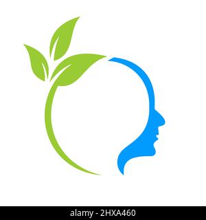 Disegno del logo del cervello dell'albero. Modello di cartello della testa della foglia Assistenza sanitaria e Fitness, Eco Leaf Thinking Head Concept Vector Illustrazione Vettoriale