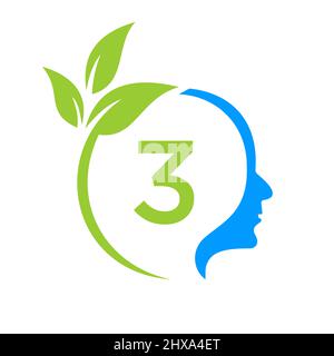 Tree Brain su 3 Letter Logo Design. Modello di cartello della testa della foglia Assistenza sanitaria e Fitness, Eco Leaf Thinking Head Concept Vector Illustrazione Vettoriale