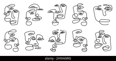 Set di volti umani diversi in uno stile minimalista con un'unica linea. Silhouette di facce femmina e maschio disegnate. Ragazze faccia collezione. Arte contemporanea Illustrazione Vettoriale