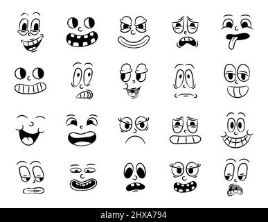 Collezione di vecchi cartoni animati tradizionali retrò. Vintage volti di persone con diverse emozioni del 20s 30s. Espressioni di carattere emoji 50s Illustrazione Vettoriale