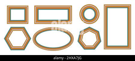 set di cornici arcobaleno in stile hippie 1970s. motivi retro vintage 70s groove. collezione di cornici rotonde, stelle, rombo e quadrati. vettore Illustrazione Vettoriale