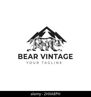 Logo dell'orso vintage su sfondo montano modello Vector Illustrazione Vettoriale