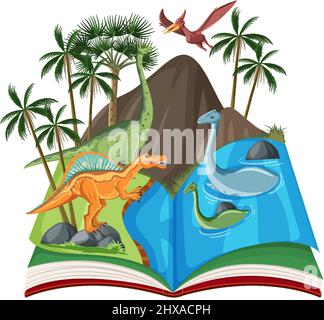 Scena con molti dinosauri nell'illustrazione del fiume Illustrazione Vettoriale