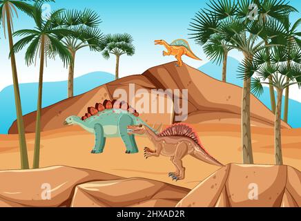 Scena con dinosauri a terra illustrazione Illustrazione Vettoriale