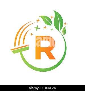 Servizio di pulizia, logo donna sulla lettera R. Clean House Sign, modello fresco e pulito con logo R Letter Vector Illustrazione Vettoriale