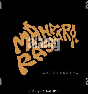 Maharashtra indica la mappa dello stato in testo inglese in colore dorato. La tipografia della mappa di Maharashtra. Illustrazione Vettoriale