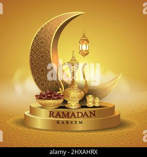 EID Mubarak e Ramadan Kareem bei saluti. Lampada d'oro appesa in sfondo dorato crescent .disegno vettoriale Illustrazione Vettoriale