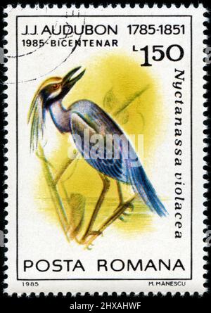 Francobollo dalla Romania nel 200th anniversario di nascita di John James Audubon (1785-1851), pubblicato nel 1985 Foto Stock
