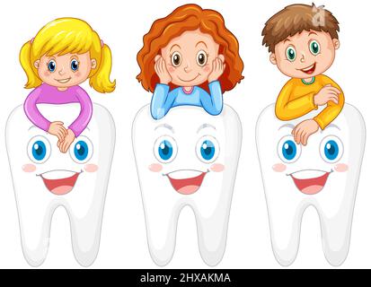 Set di bambini felici che abbraccia un dente grande su sfondo bianco illustrazione Illustrazione Vettoriale